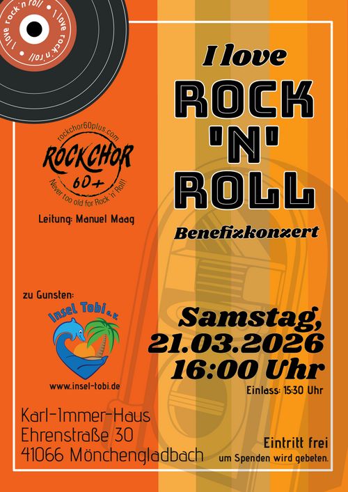 Das Bild zeigt das Plakat des Benefizkonzerts "I love rock'n'roll" veranstaltet vom RockChor60+. Der Hintergrund ist in verschiedenen Orangetönen. Oben Links ist eine Schallplatte mit dem Titel des Konzerts. Im Hintergrund ist eine alte Musikbox zu sehen.